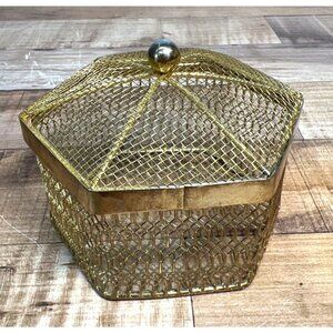 Vintage Hexagonal Gold Metal Mesh Jewelry Box With Decorative Ball Finial & Lid